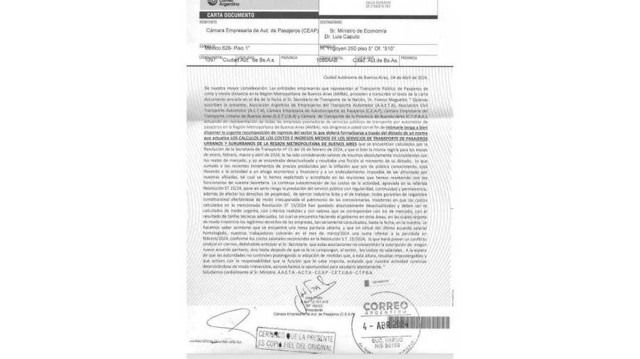 Carta Documento de las empresas de colectivo a Caputo 20240404