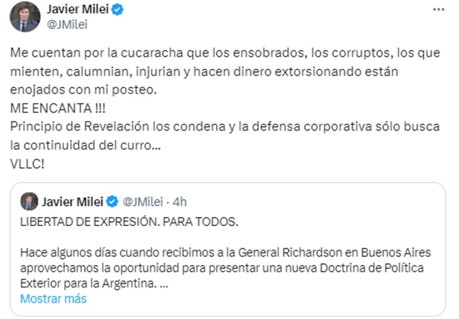 Nuevo tweet de Javier Milei contra el periodismo 20240410
