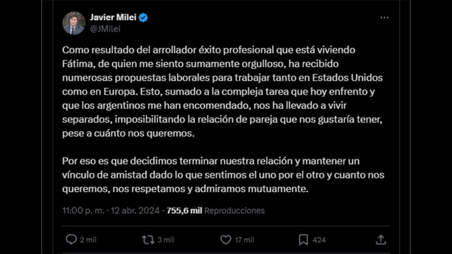 El tuit de Milei dando cuenta del final del noviazgo con Fátima Florez.