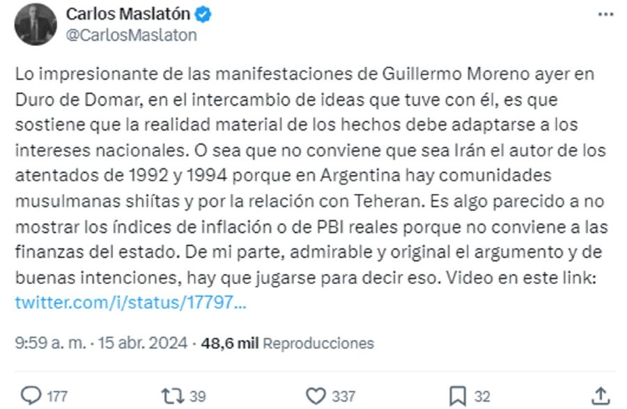 El tweet de Maslatón contra Guillermo Moreno 20240415
