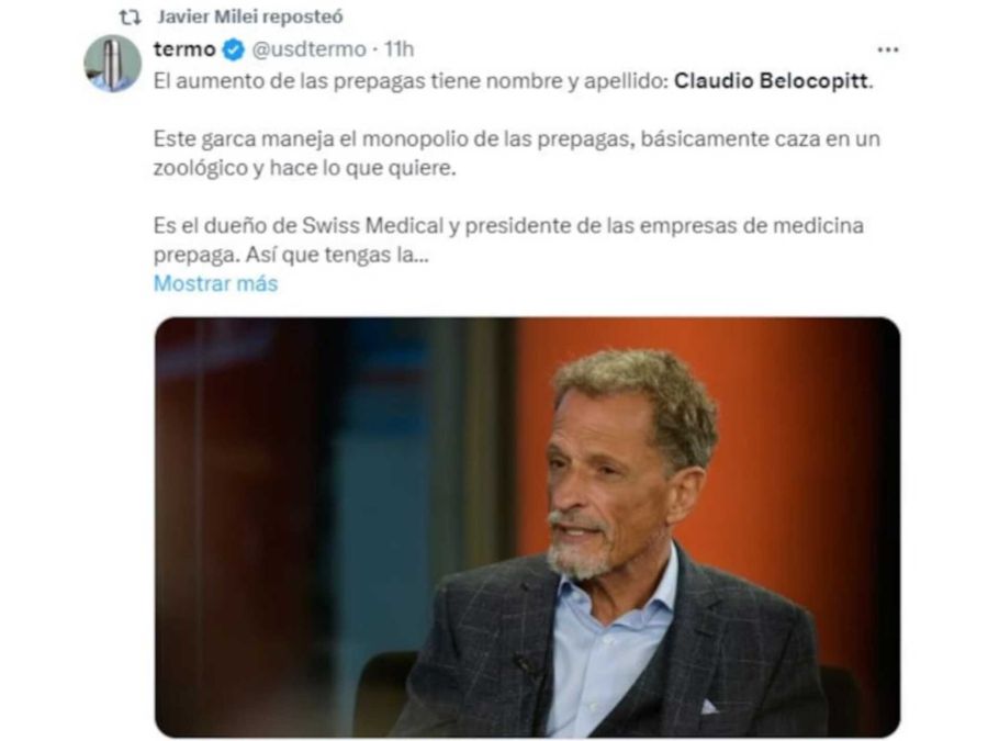 Los tweets de Javier Milei contra Claudio Belocopitt 20240415
