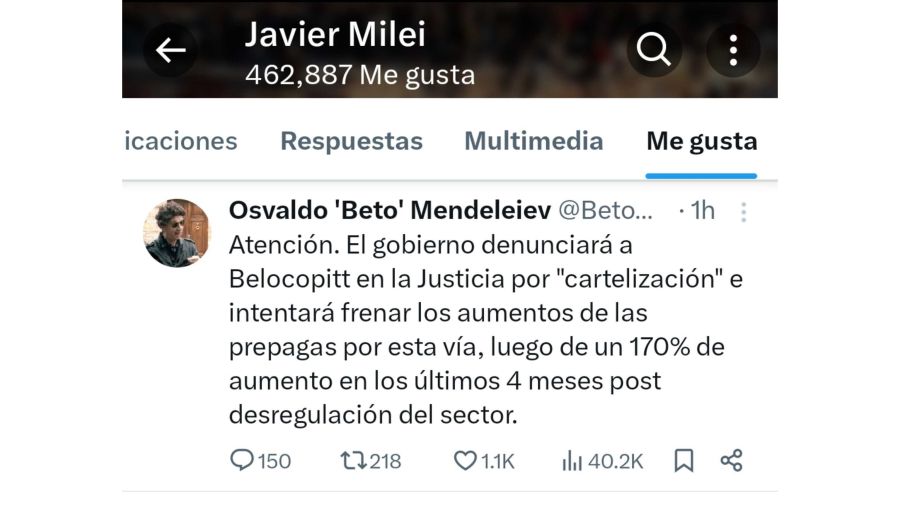 Los tweets de Javier Milei contra Claudio Belocopitt 20240415