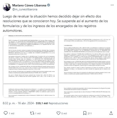 Mariano Cúneo Libarona tuit 20240416