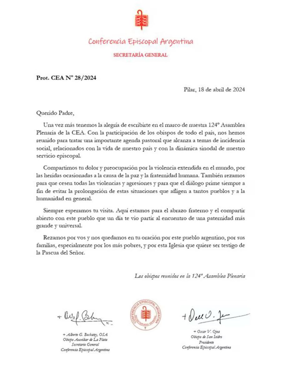 Los obispos argentinos le mandaron una carta al papa Francisco: “Siempre esperamos tu visita”.