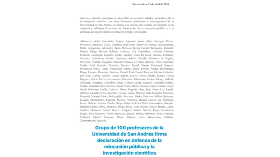 20240420 Grupo de 100 Profesores de la Universidad de San Andrés firma declaración en defensa de la educación pública