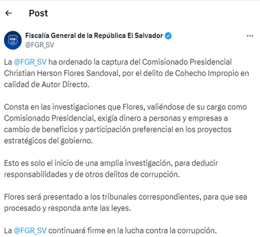 Tuit Fiscalía General de El Salvador