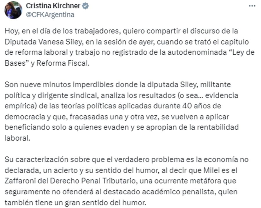 El mensaje de Cristina Kirchner por el día del Trabajador 20240501