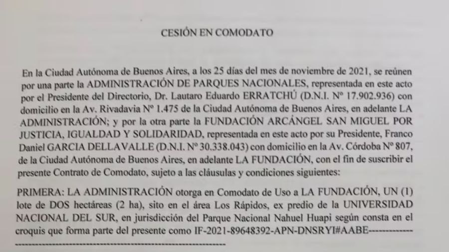 Contrato de comodato por dos hectáreas en Bariloche