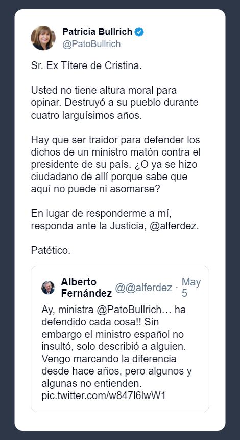 Patricia Bullrich, furiosa con Alberto Fernández en X.