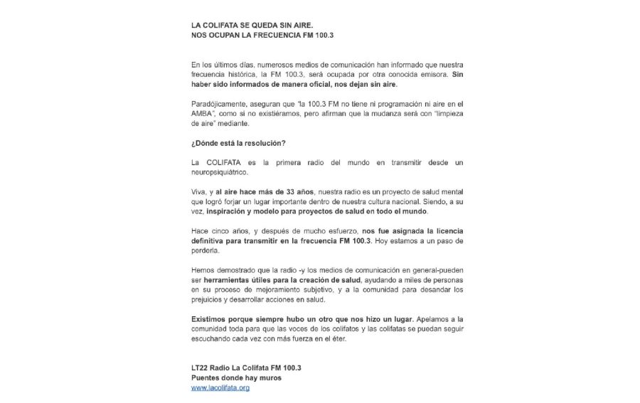 Official statement from Radio La Colifata
