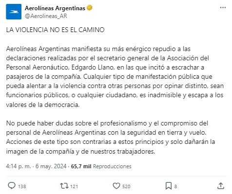 Comunicado Aerolíneas Argentinas 20240506