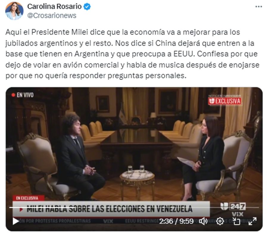 El tweet de la periodista Carolina Rosario tras el enojo de Milei 20240510
