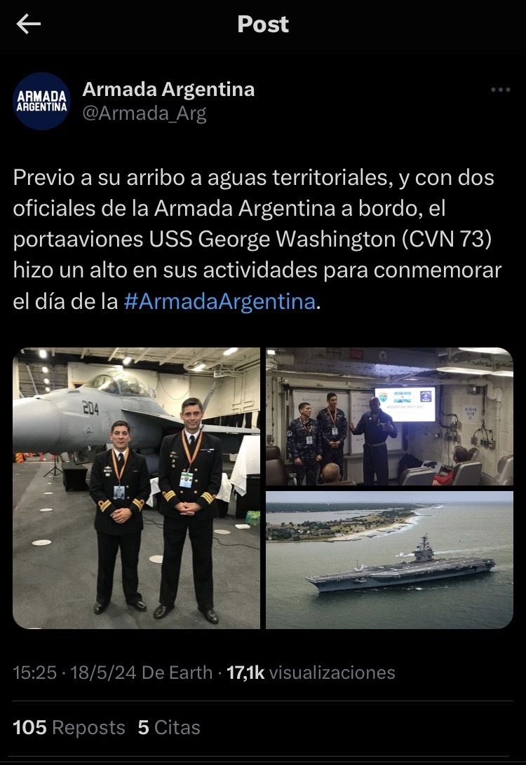 Tuit de la cuenta oficial de X de la Armada Argentina