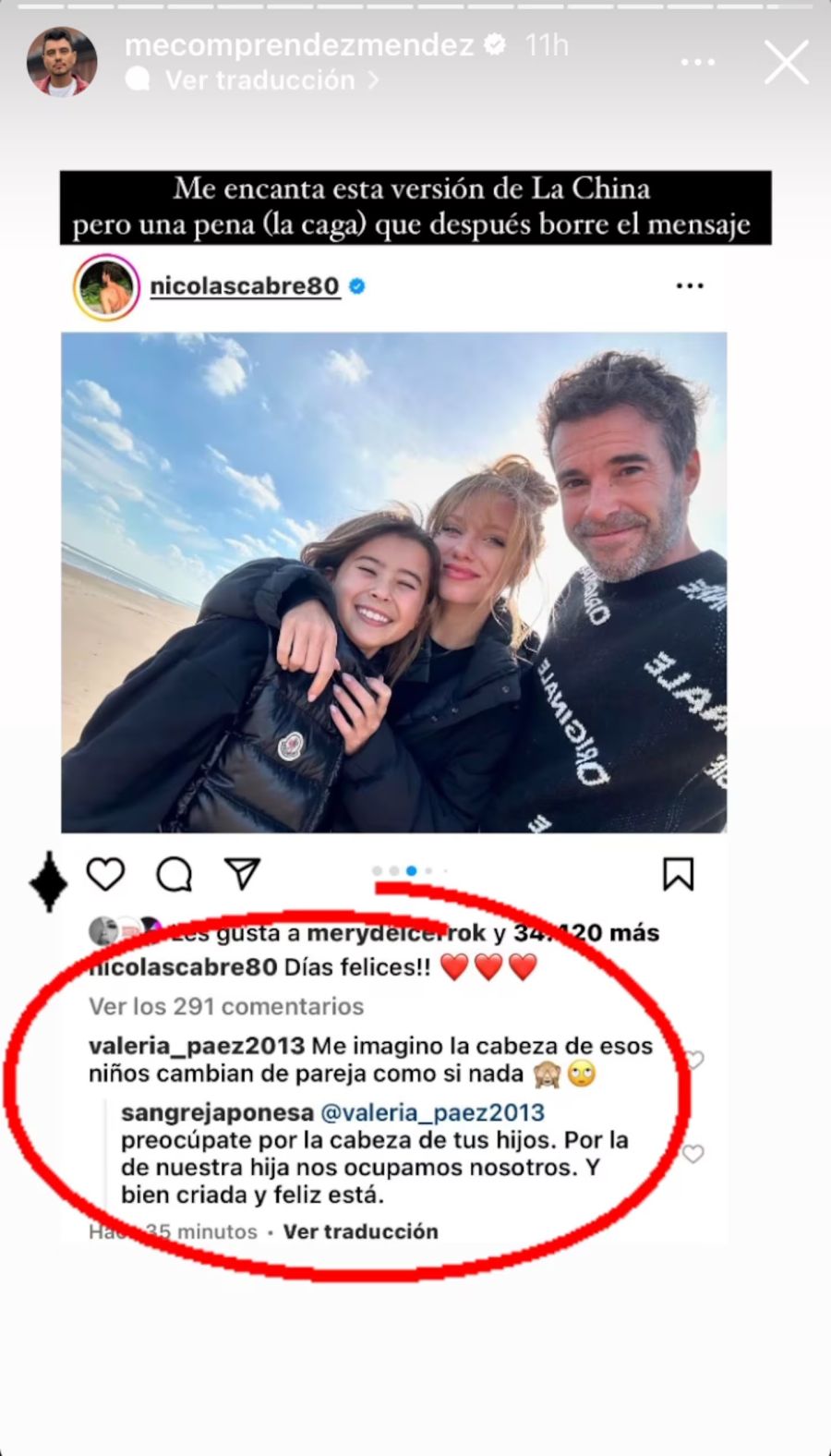 La picante respuesta de la China Suárez en la foto de Nicolás Cabré y su novia junto a su hija Rufina