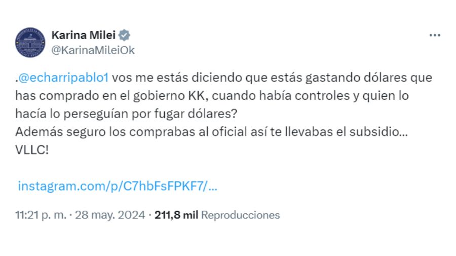 Karina Milei contra Pablo Echarri