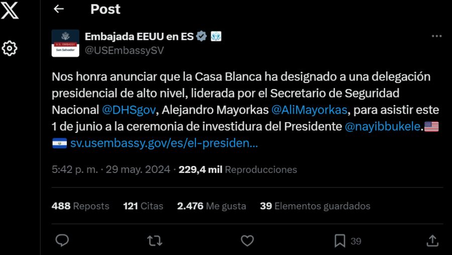 Tuit de la embajada de Estados Unidos en El Salvador