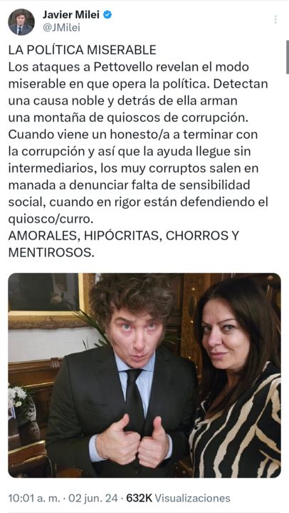 Posteos de Javier Milei defendiendo a la ministra Sandra Pettovello en el escándalo de los alimentos guardados.