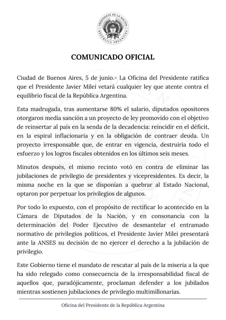 Javier Milei - Comunicado de Presidencia 20240605