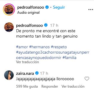 El comentario de Zaira Nara en el posteo de Pedro Alfonso