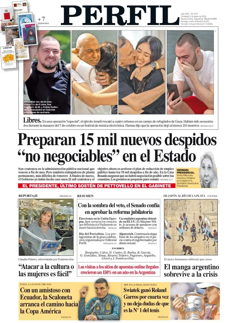 La tapa del Diario PERFIL delo domingo 9 de junio de 2024