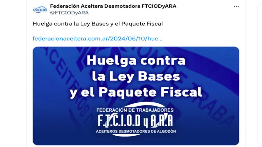 Federación Aceitera Desmotadora FTCIODyARA Tweet 20240611