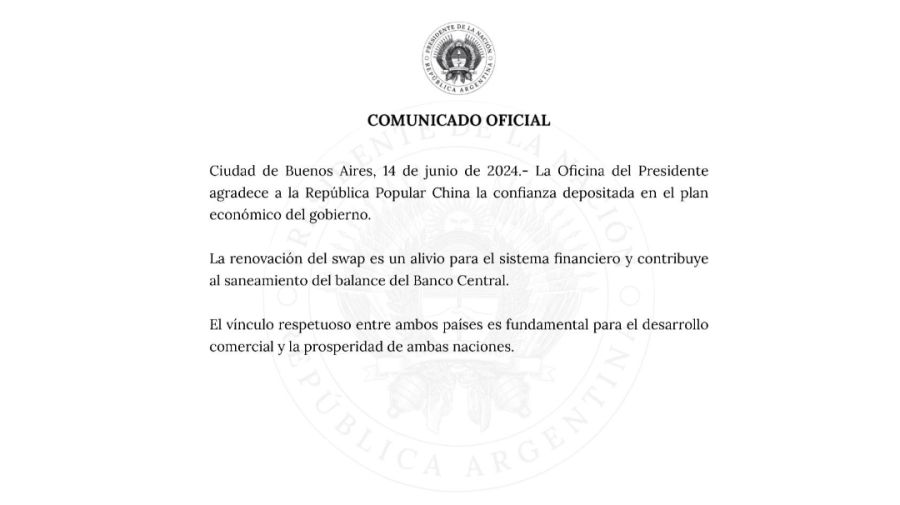 El comunicado de Oficina del Presidente agradeciendo a China la crucial renovación del swap de US$ 5 mil millones.