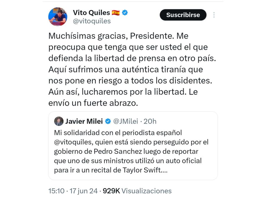 Javier Milei apoyó al periodista español Vito Quiles 20240618