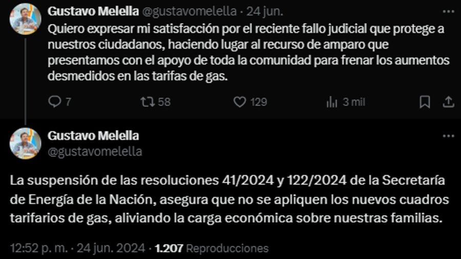 Tweet de Gustavo Melella, por las tarifas de gas 20240625