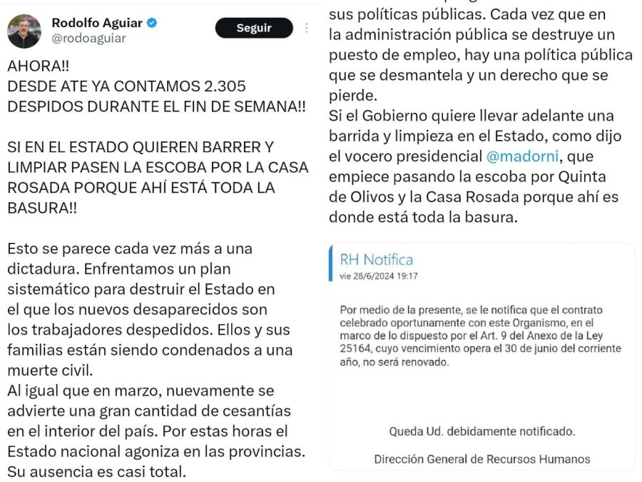 El tweet de Rodolfo Aguiar, secretario de ATE 20240701