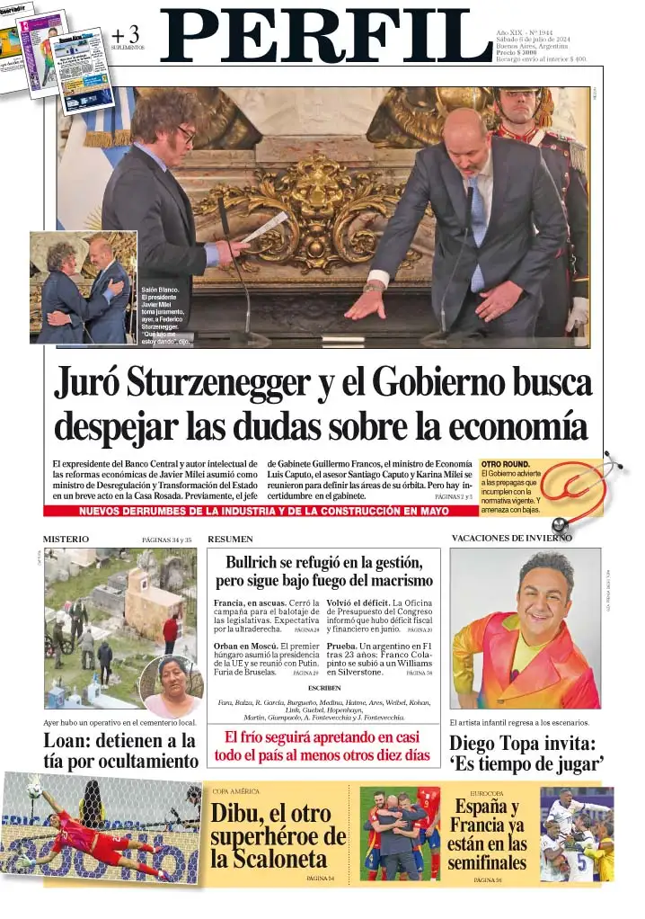 La tapa del Diario PERFIL del sábado 6 de julio de 2024