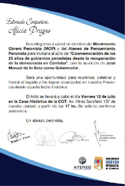 Invitación al acto por los 25 años de la victoria en la provincia