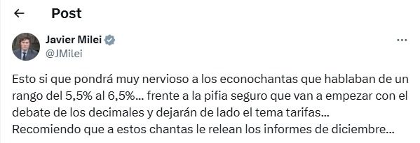 Tweet de Javier Milei sobre la inflación de junio