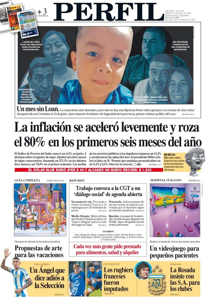 La tapa del Diario PERFIL del sábado 13 de julio de 2024