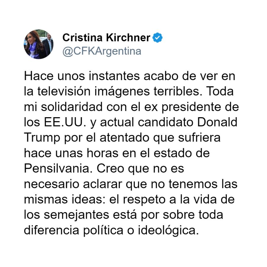 Cristina Kirchner condenó el ataque al expresidente Donald Trump.