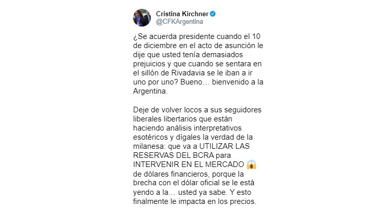 Parte del posteo de Cristina Kirchner dirigido a Javier Milei.