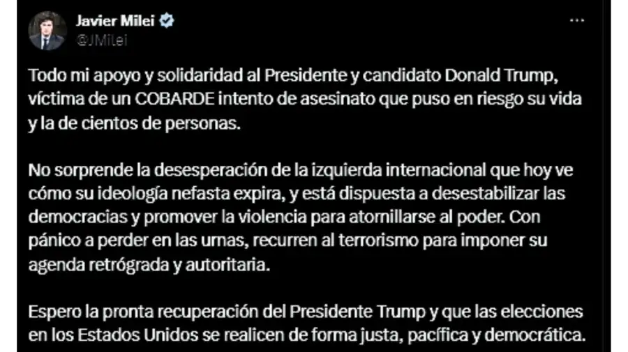 Publicaciones de Javier Milei luego del ataque a Donald Trump 20240713