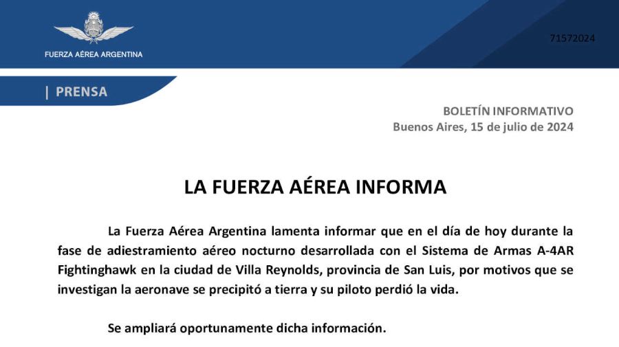 San Luis se precipitó un avión de la Fuerza Aérea y murió su piloto 20240715