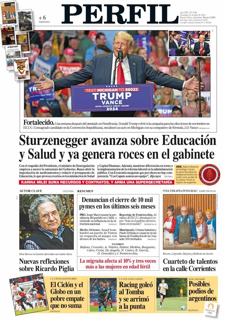 La tapa del Diario PERFIL del domingo 21 de julio de 2024