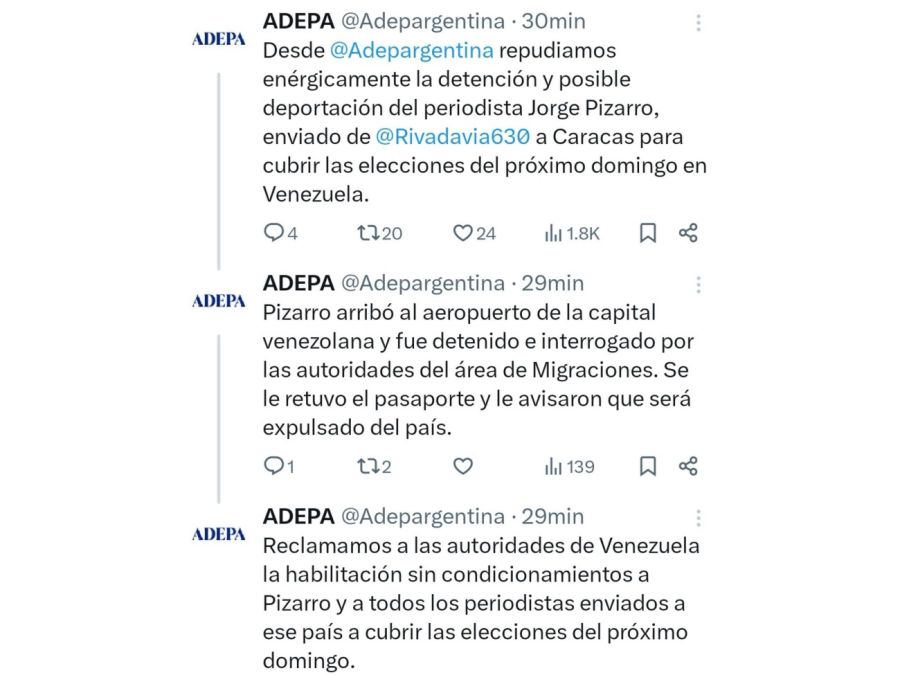 El repudio de ADEPA a la retención de Jorge Pizarro en Venezuela 20240725