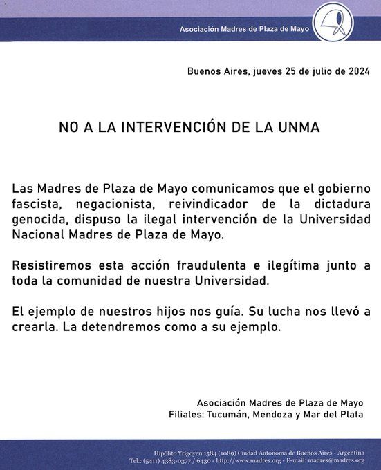 Comunicado Madres de Plaza de Mayo