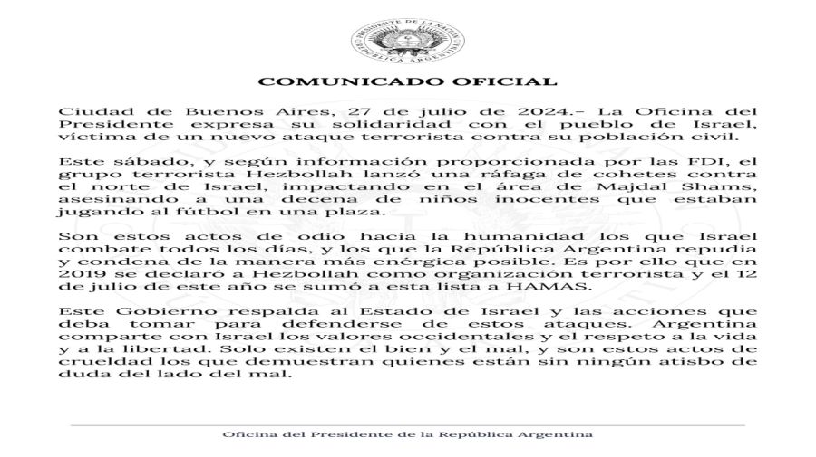 20240727 Comunicado de la Oficina del Presidente luego del ataque con misiles contra Israel