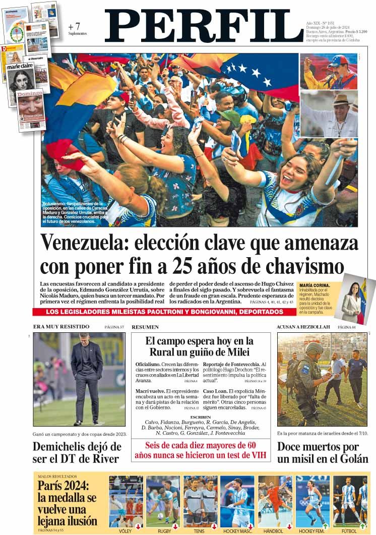 La tapa del Diario PERFIL del domingo 28 de julio de 2024