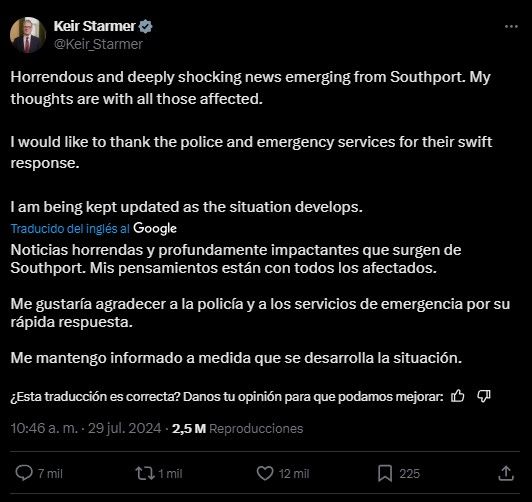 La carta del del rey Carlos III tras el trágico incidente en Southport, Reino Unido 