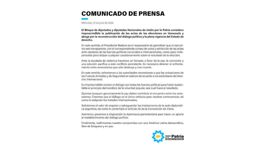 Comunicado de diputados de Union por la Patria