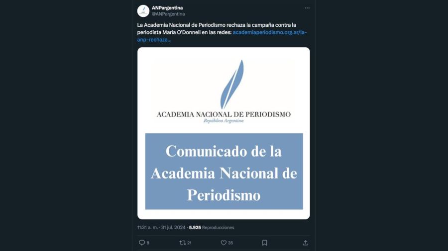 La Academia Nacional de Periodismo rechaza la campaña contra la periodista María O'Donnell en las redes