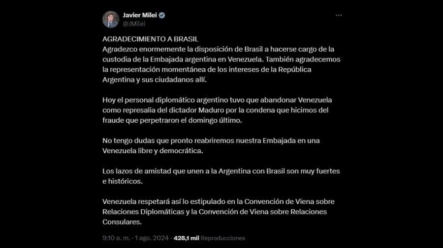 Agradecimiento de Milei a Brasil