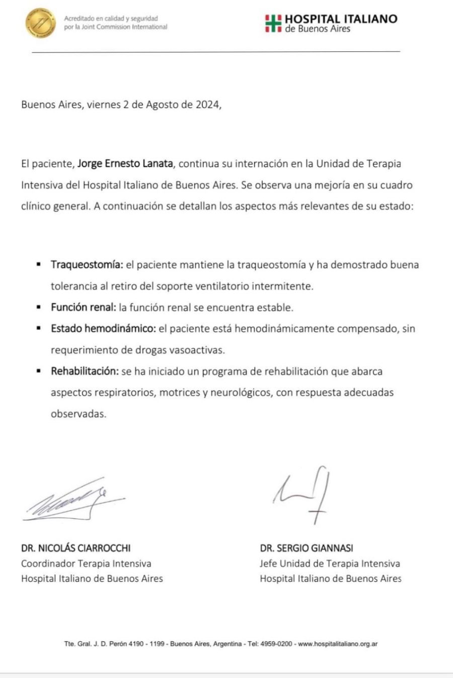 Nuevo parte médico de Jorge Lanata