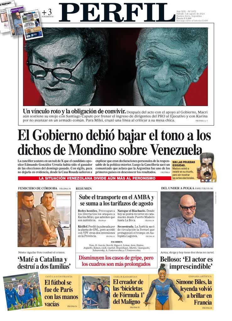 La tapa del Diario PERFIL del sábado 3 de agosto de 2024