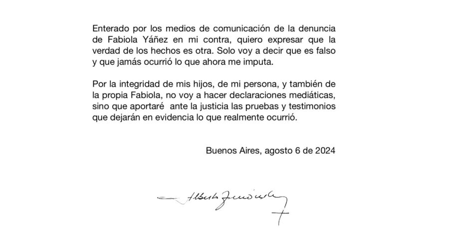 20240806 El comunicado de Alberto Fernández luego de la denuncia por violencia de Fabiola Yañez