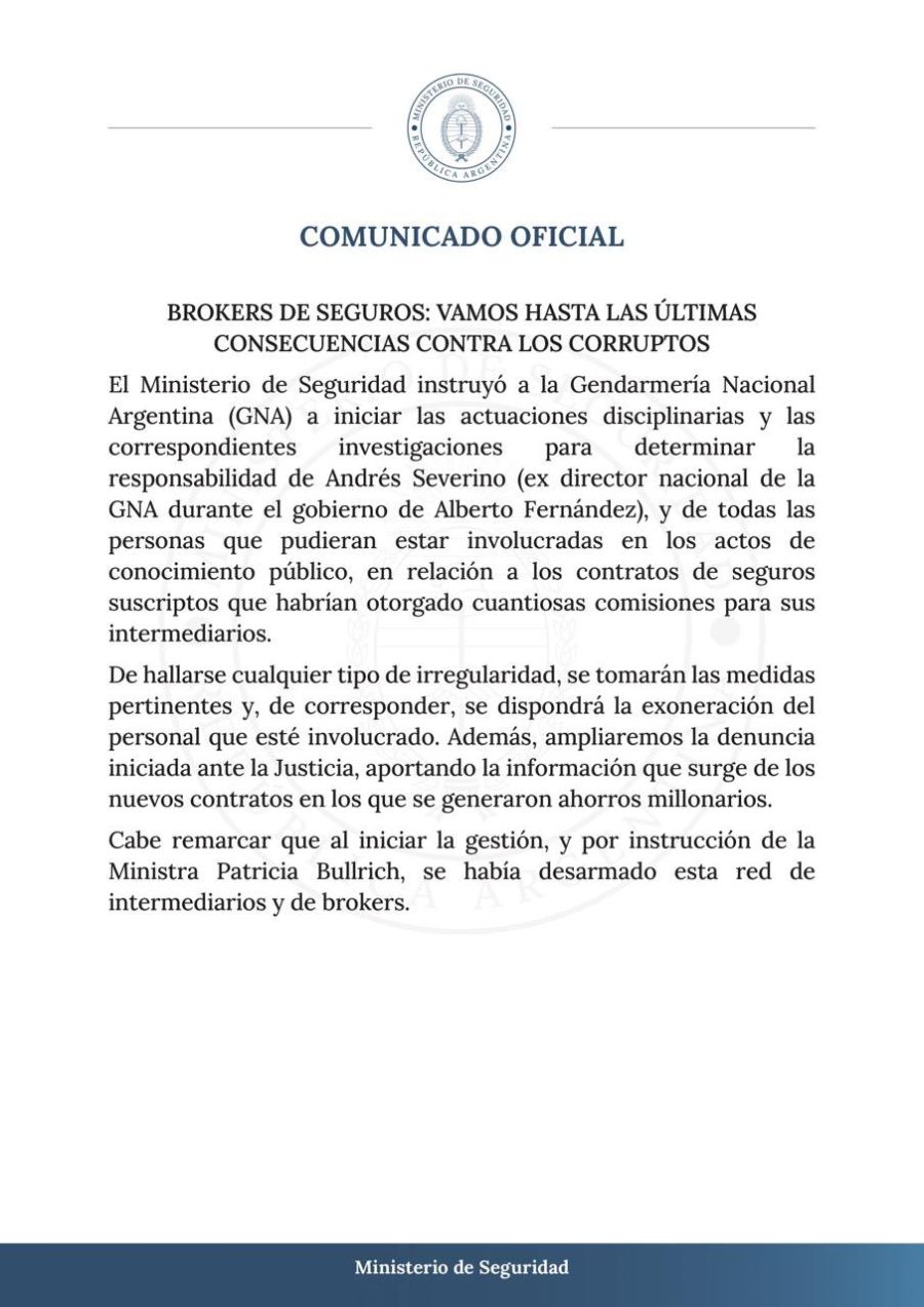 Comunicado Ministerio de Seguridad